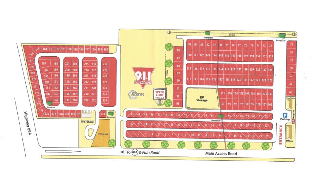 Site map of Fairgrounds RV Park showing numbered RV sites, the office, laundry, RV storage and the main access road off AZ-89A.